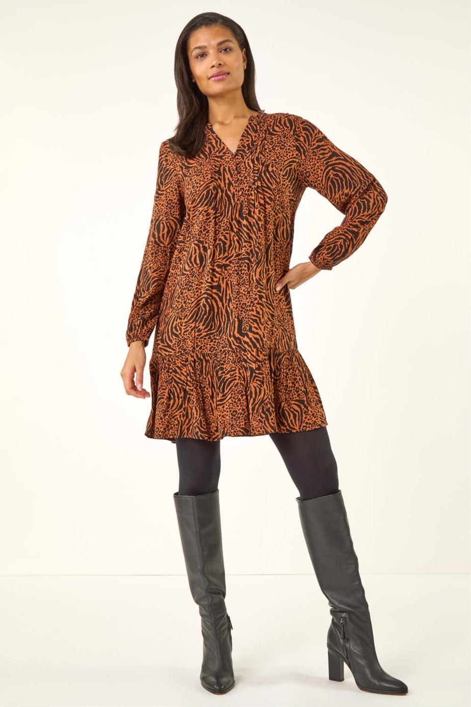 Roman Rust Animal Print Pintuck Smock Dress