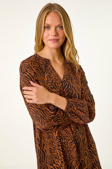 Roman Rust Animal Print Pintuck Smock Dress