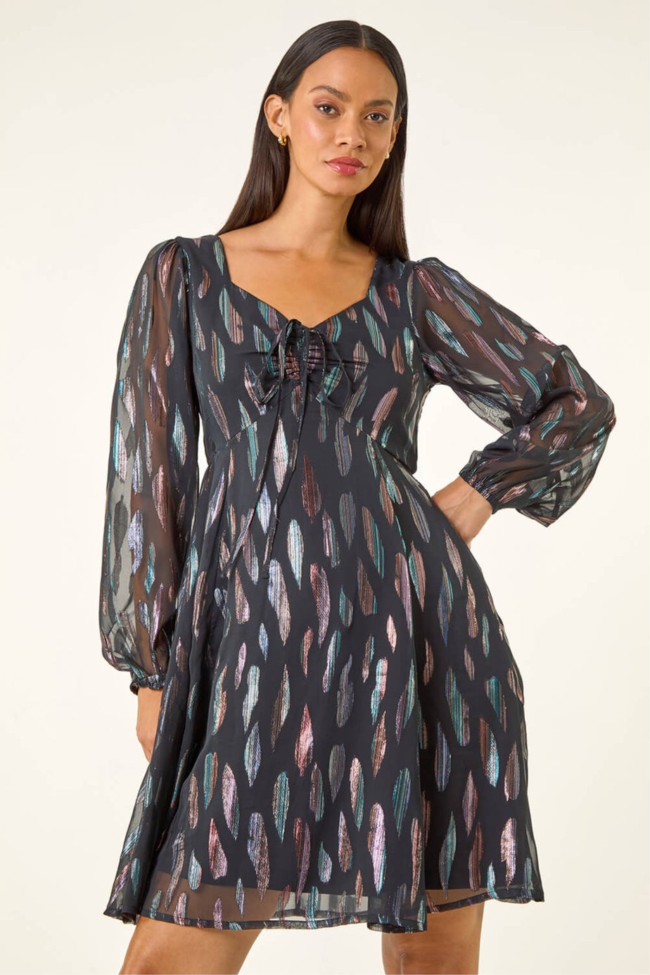 Dusk Black Foil Print Tie Front Fit & Flare Dress