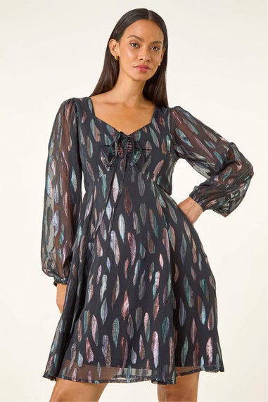 Dusk Black Foil Print Tie Front Fit & Flare Dress