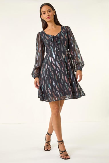 Dusk Black Foil Print Tie Front Fit & Flare Dress