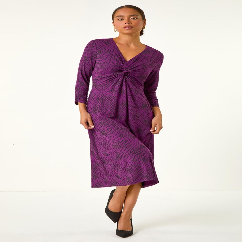 Roman Purple Petite Twist Front V-Neck Midi Dress