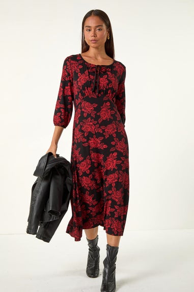 Roman Red Petite Floral Stretch Midi Dress