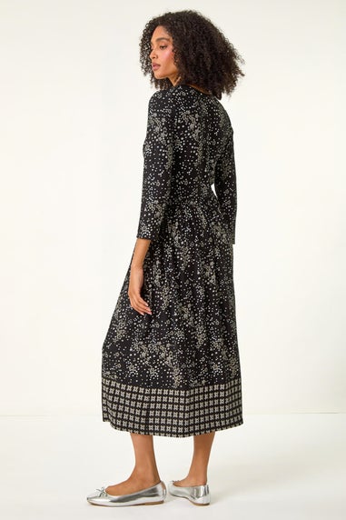 Roman Black Floral Border Print Midi Dress