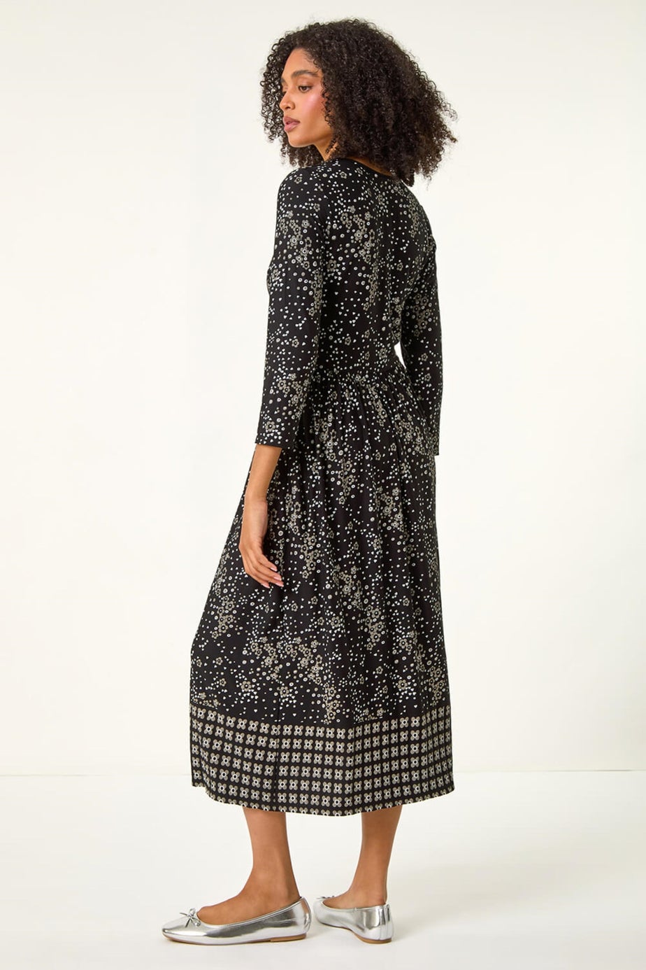 Roman Black Floral Border Print Midi Dress
