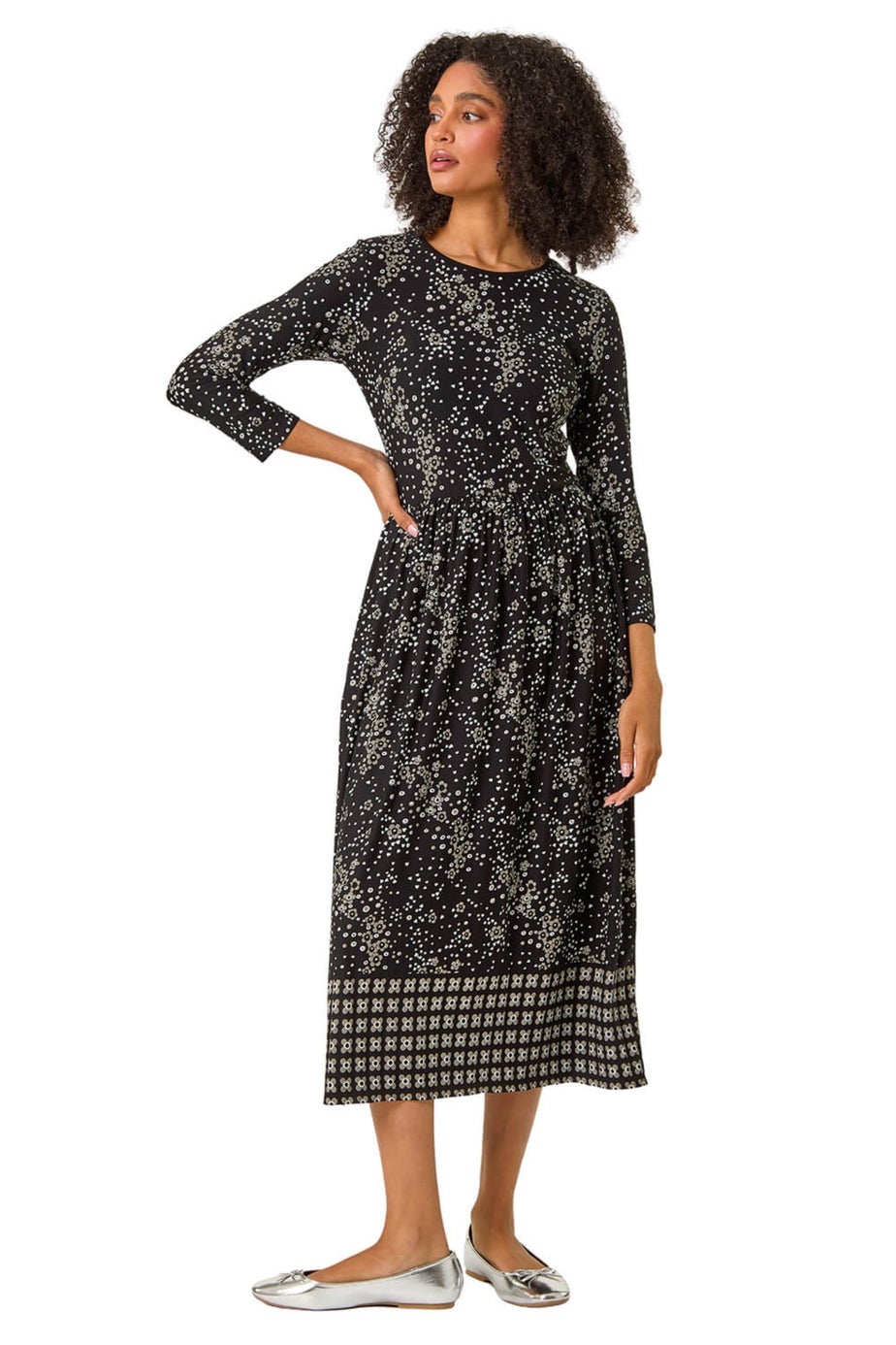 Roman Black Floral Border Print Midi Dress