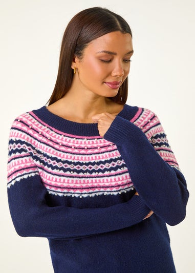 Roman Midnight Blue Pearl Embellished Printed Jumper