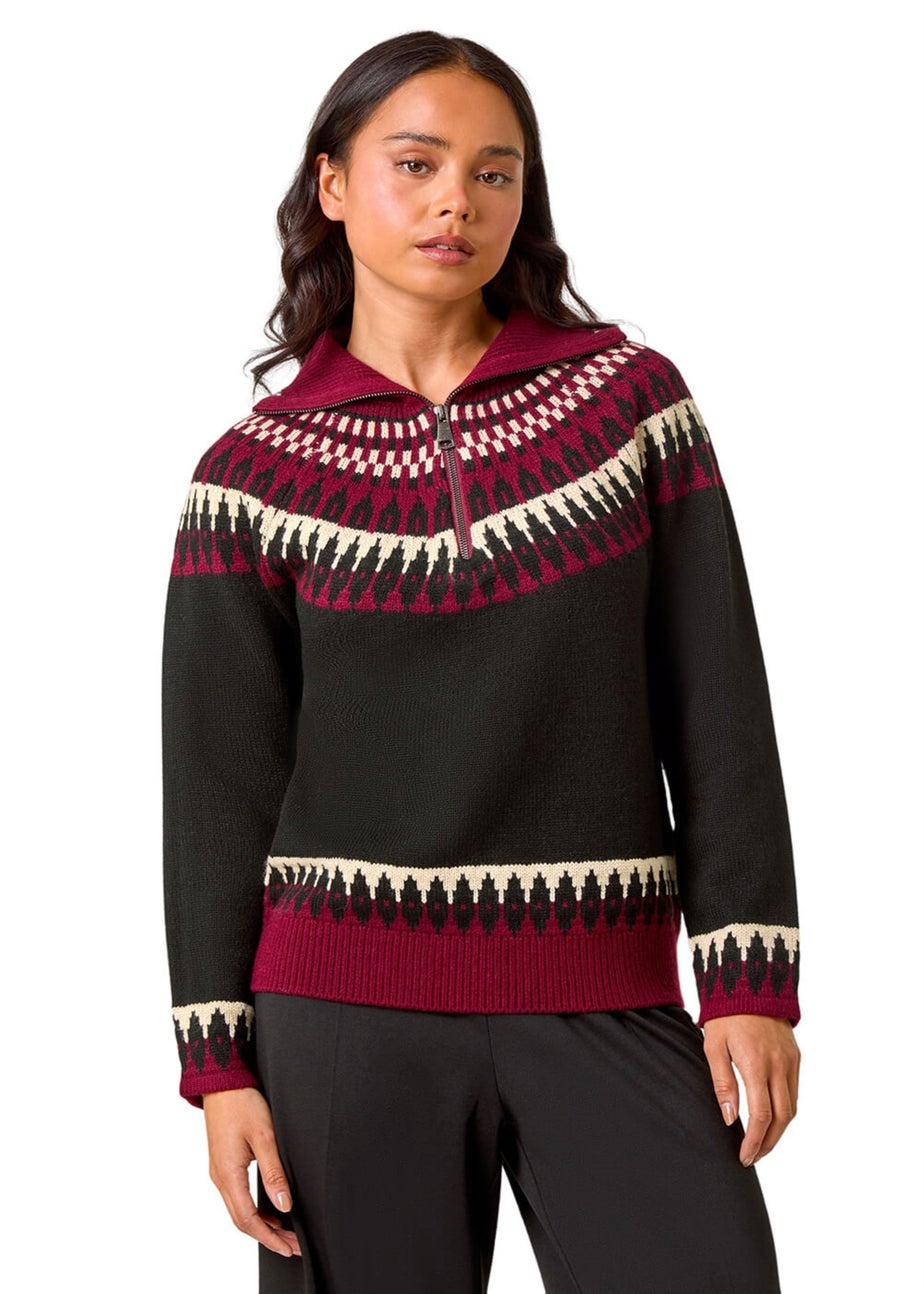 Roman Black Petite Fairisle Zip Detail Jumper