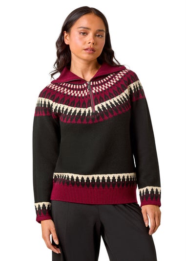 Roman Black Petite Fairisle Zip Detail Jumper
