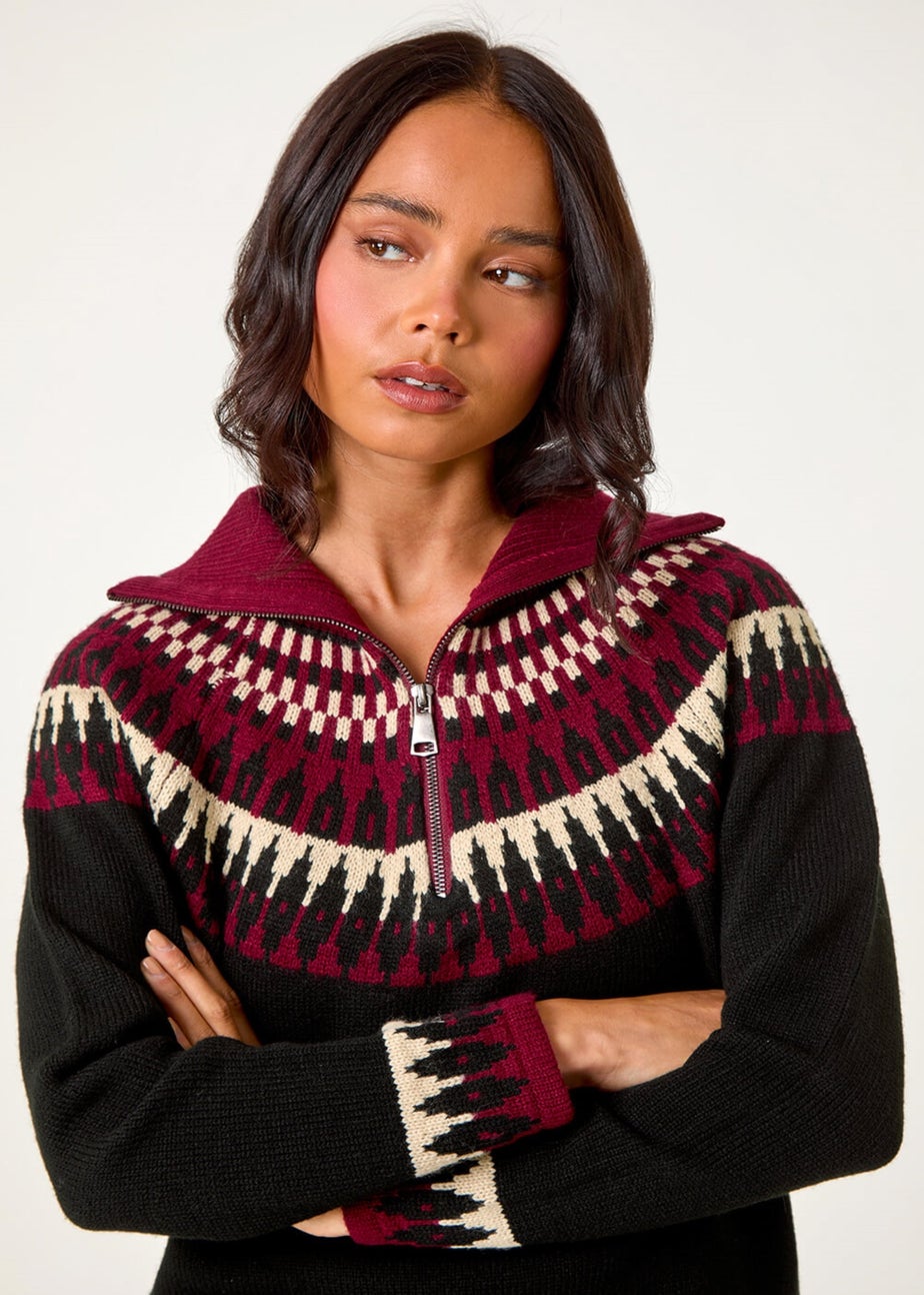 Roman Black Petite Fairisle Zip Detail Jumper