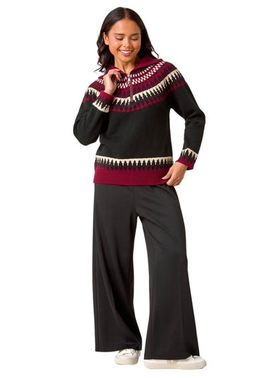 Roman Black Petite Fairisle Zip Detail Jumper
