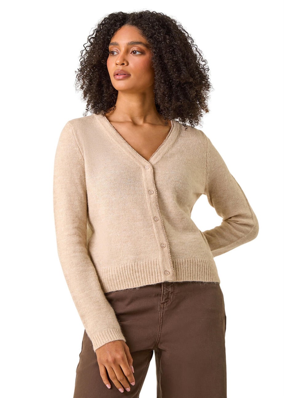 Roman Natural Shimmer V-Neck Ribbed Cardigan