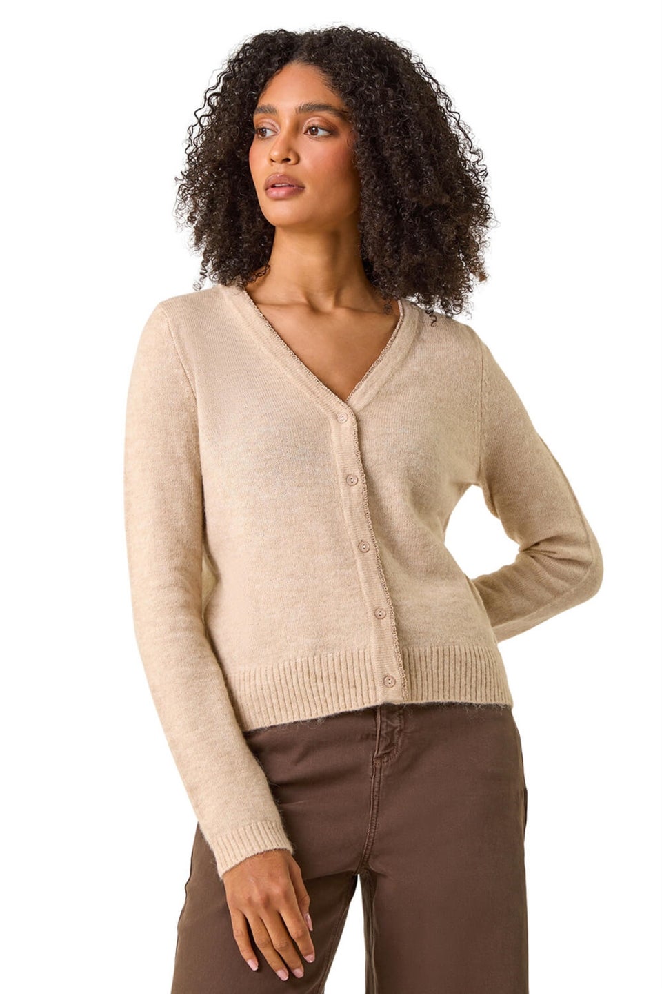 Roman Natural Shimmer V-Neck Ribbed Cardigan