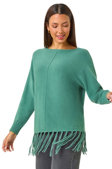 Roman Sage Fringe Hem Knit Jumper