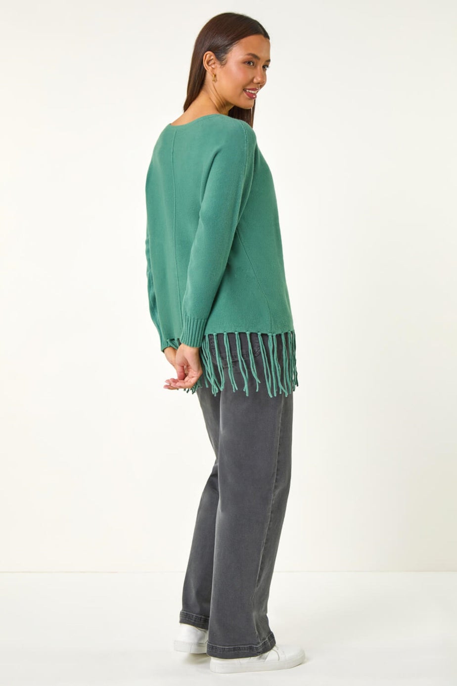 Roman Sage Fringe Hem Knit Jumper