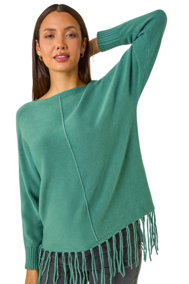 Roman Sage Fringe Hem Knit Jumper