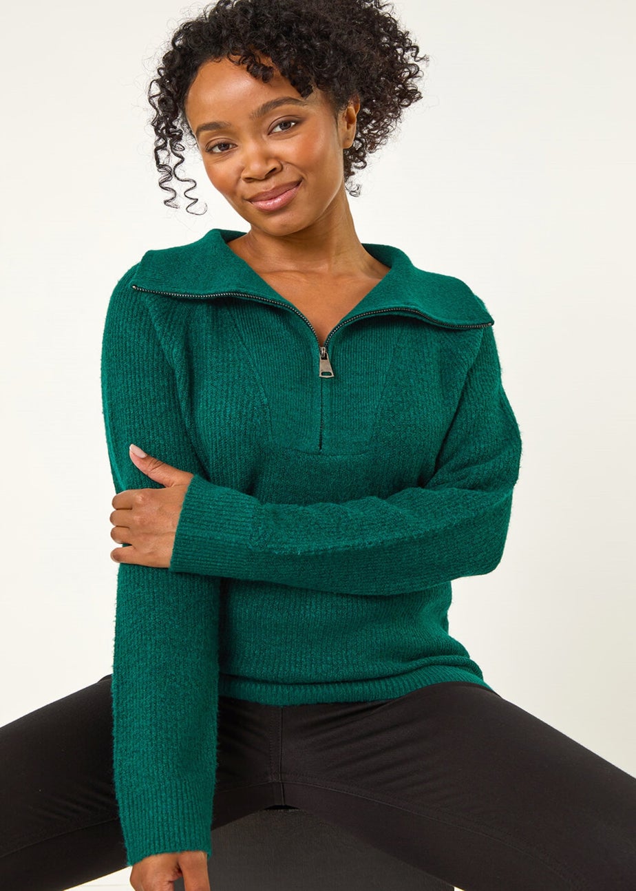 Roman Dark Green Petite Zip Detail Collared Jumper