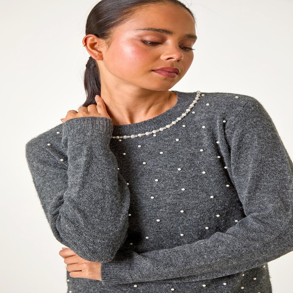 Roman Grey Petite Pearl Neck Knitted Jumper