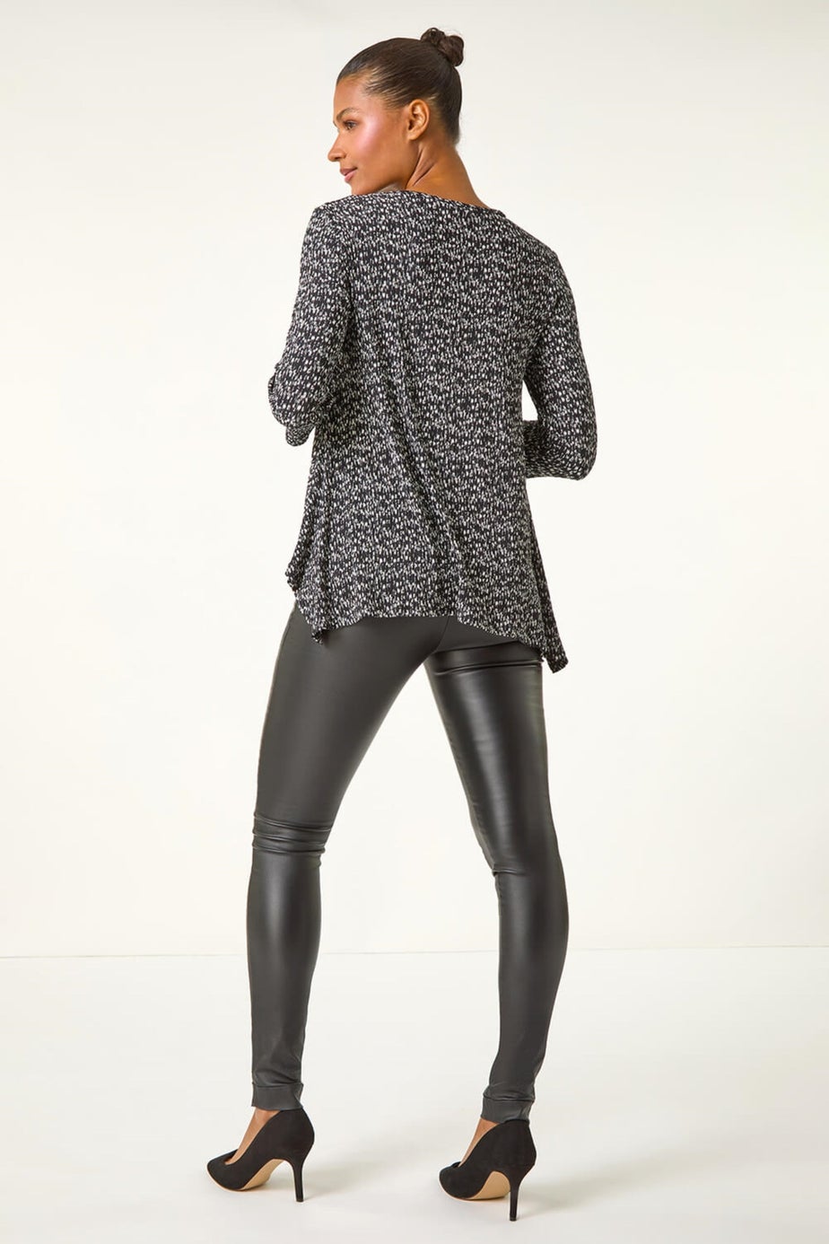 Roman Black Printed Plisse Hanky Hem Tunic Stretch Top