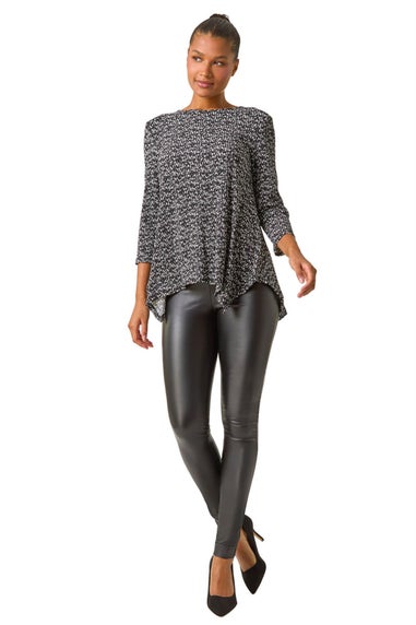 Roman Black Printed Plisse Hanky Hem Tunic Stretch Top