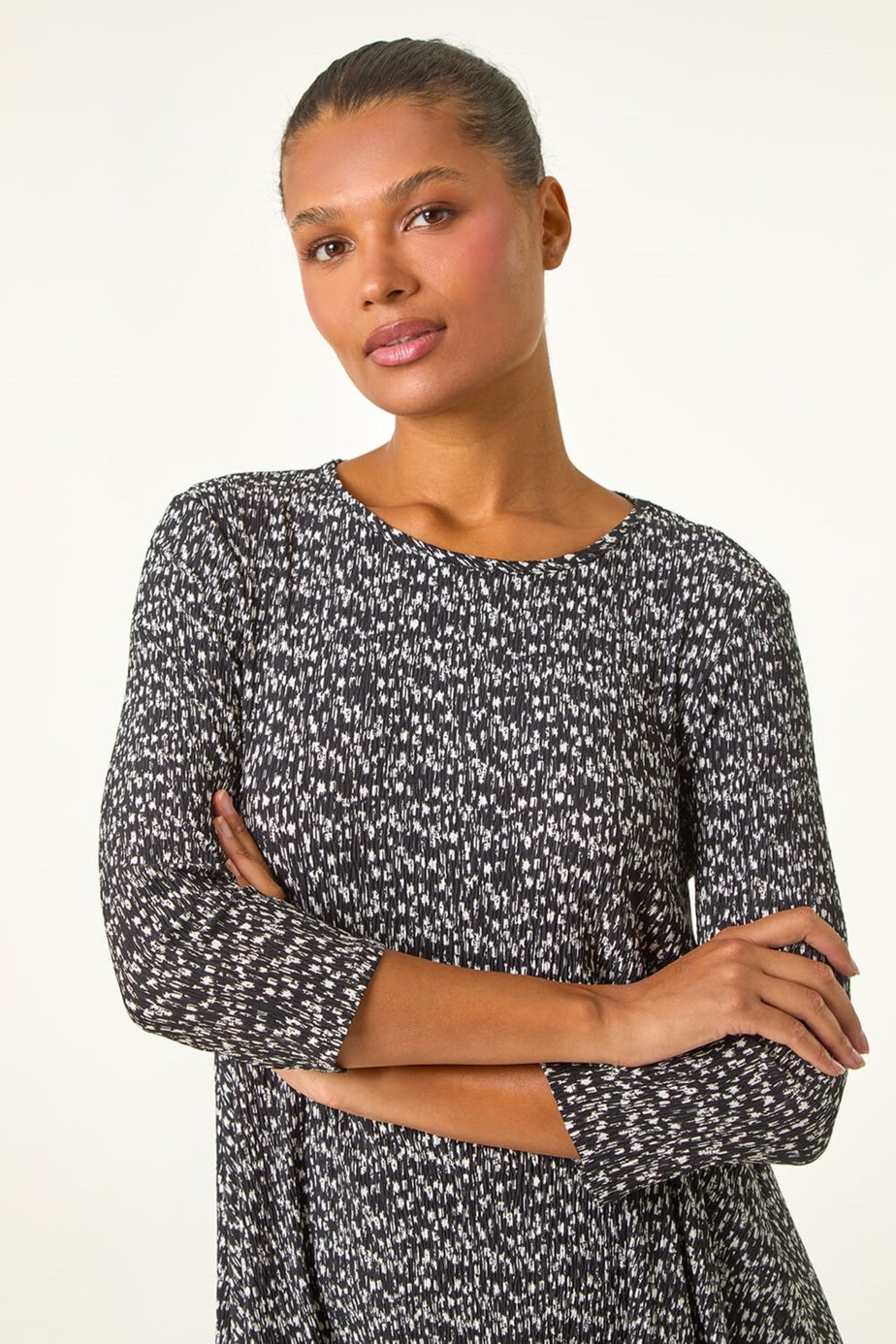 Roman Black Printed Plisse Hanky Hem Tunic Stretch Top