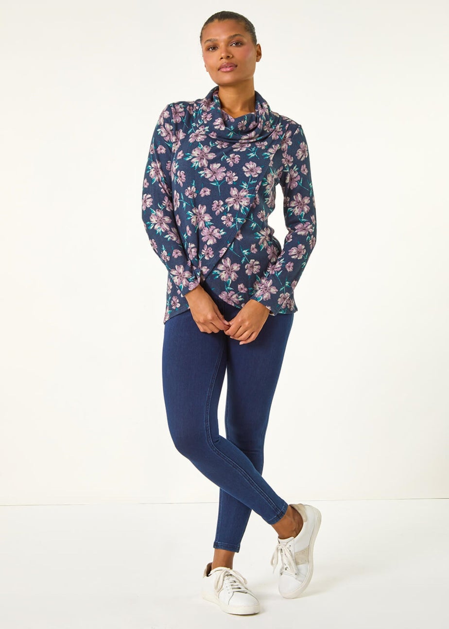 Roman Navy Cowl Neck Floral Snit Top
