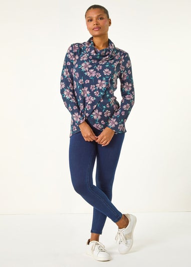 Roman Navy Cowl Neck Floral Snit Top