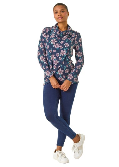 Roman Navy Cowl Neck Floral Snit Top