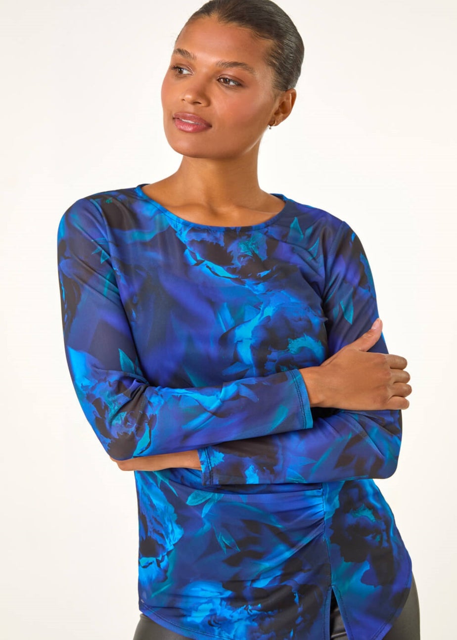 Roman Blue Blurred Print Ruched Stretch Mesh Top