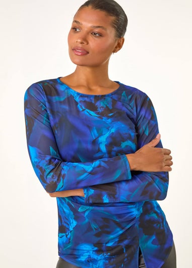 Roman Blue Blurred Print Ruched Stretch Mesh Top
