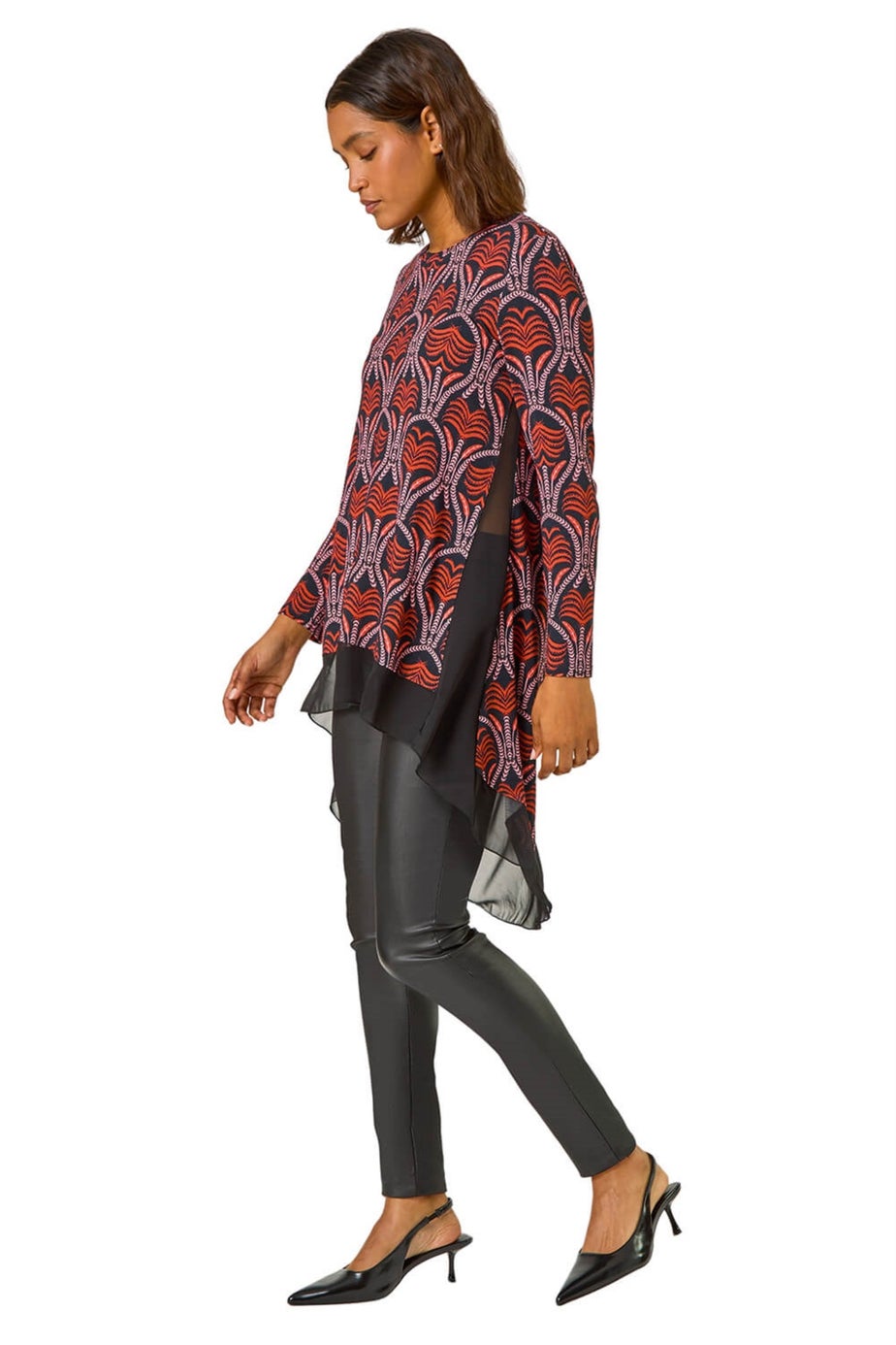 Roman Red Chiffon Hem Printed Stretch Top