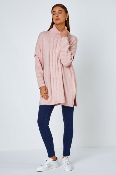 Roman Pink Cable Knit Roll Neck Poncho Jumper