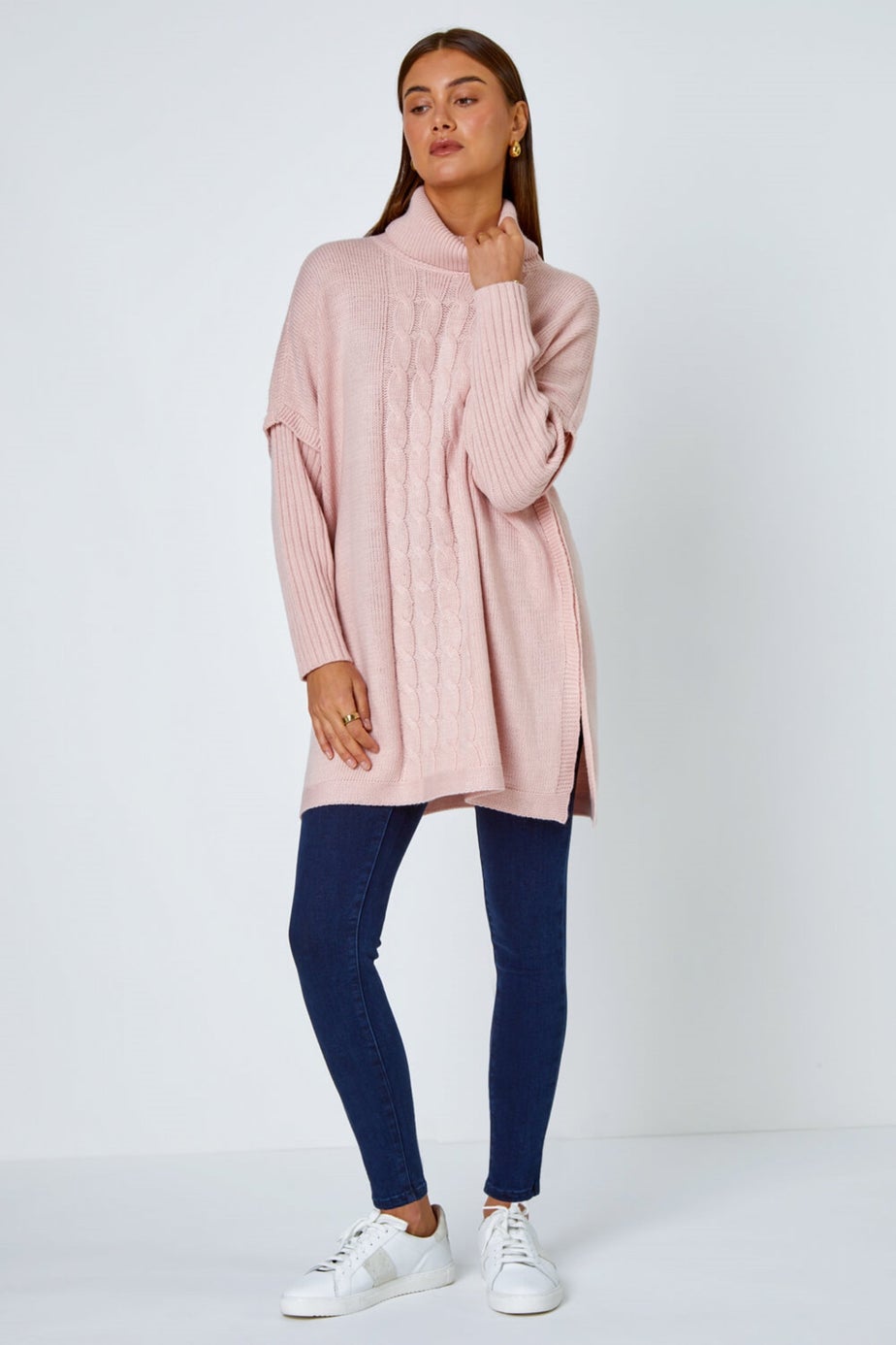 Roman Pink Cable Knit Roll Neck Poncho Jumper