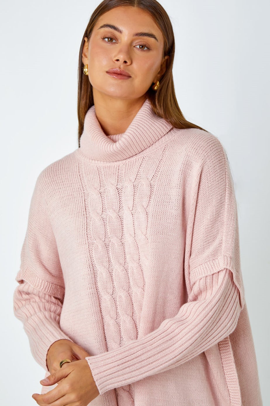 Roman Pink Cable Knit Roll Neck Poncho Jumper