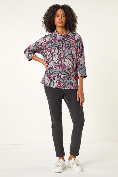 Roman Pink Floral Printed Roll Neck Top