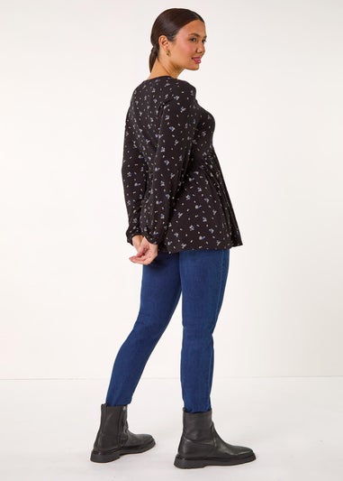 Roman Black Ditsy Floral Print Ladder Trim Top