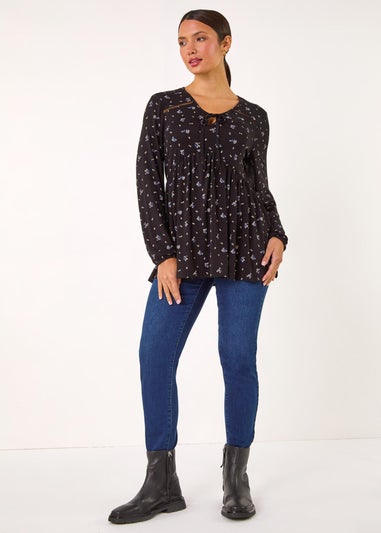 Roman Black Ditsy Floral Print Ladder Trim Top