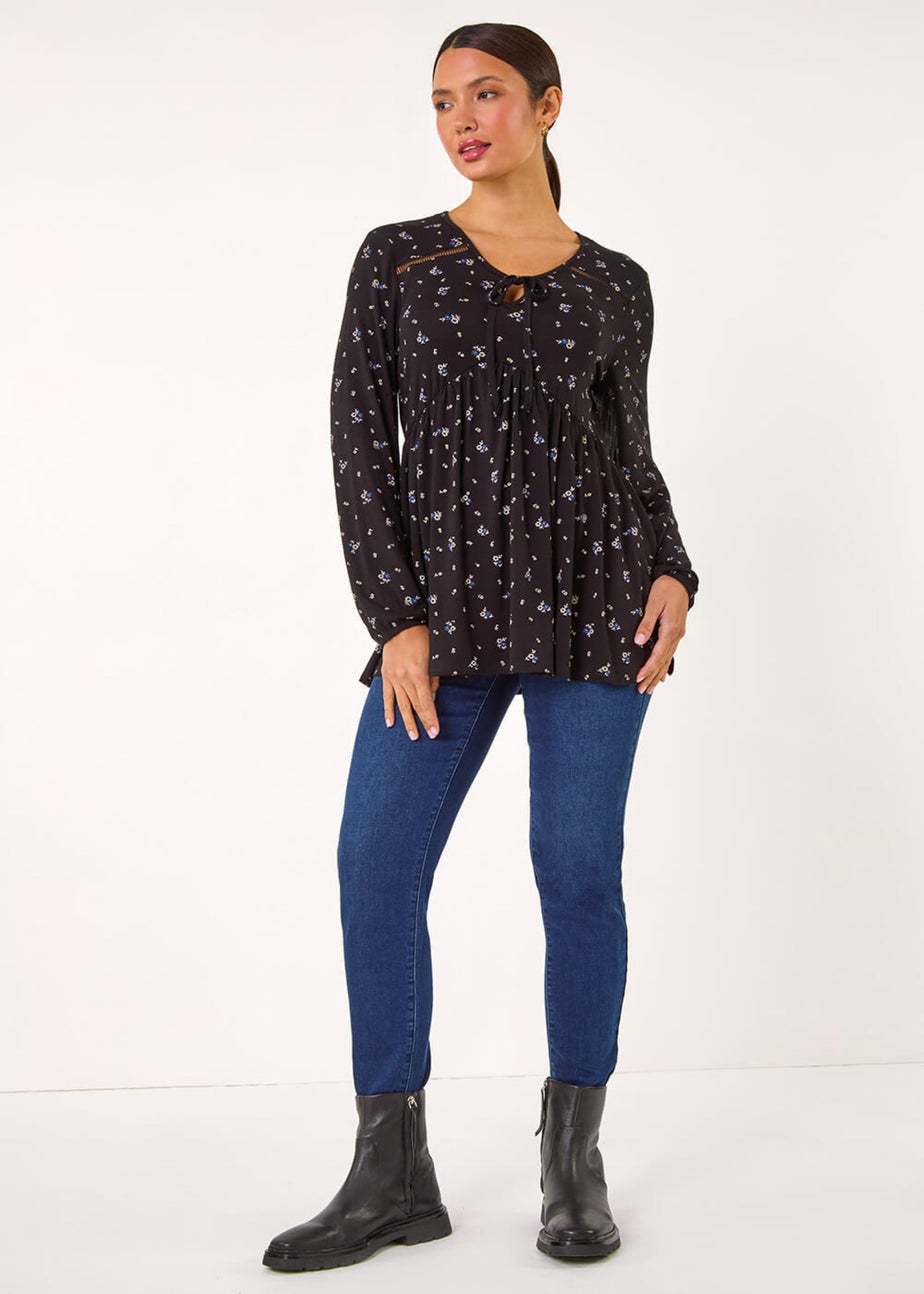 Roman Black Ditsy Floral Print Ladder Trim Top