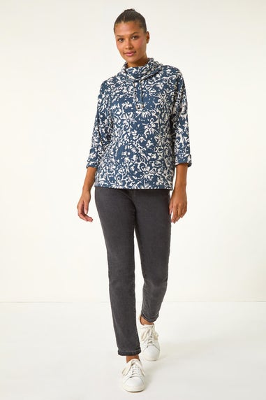 Roman Navy Floral Printed Roll Neck Top