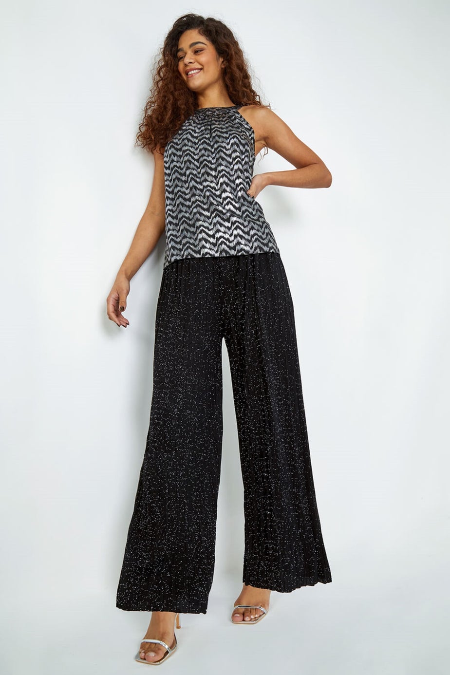 Roman Black Pleated Glitter Stretch Trousers