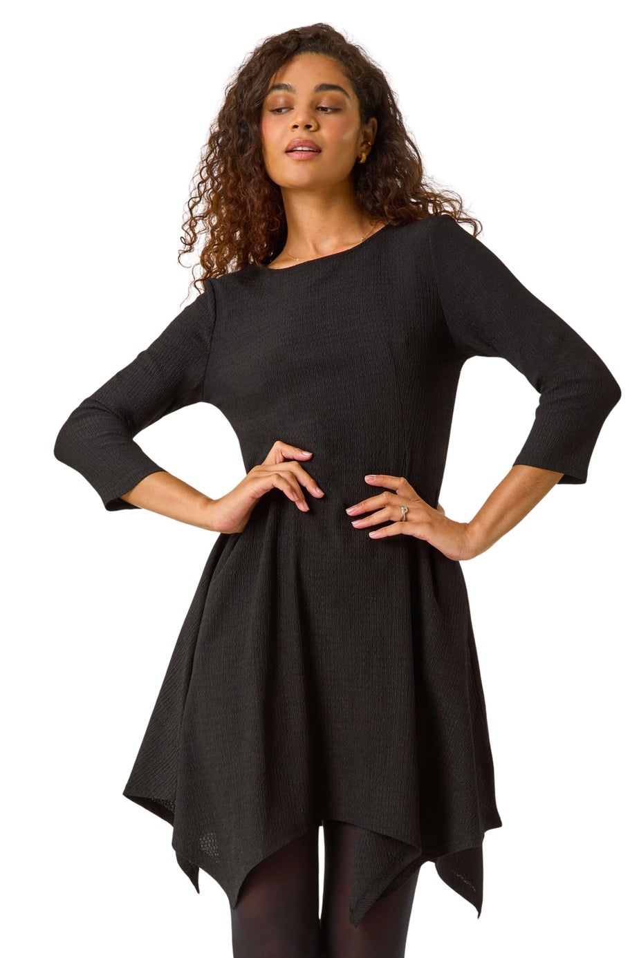 Roman Black Asymmetric Textured Pleat Dress