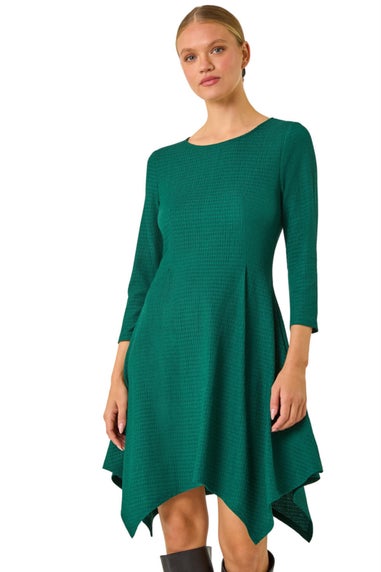 Roman Forest Green Asymmetric Textured Pleat Dress