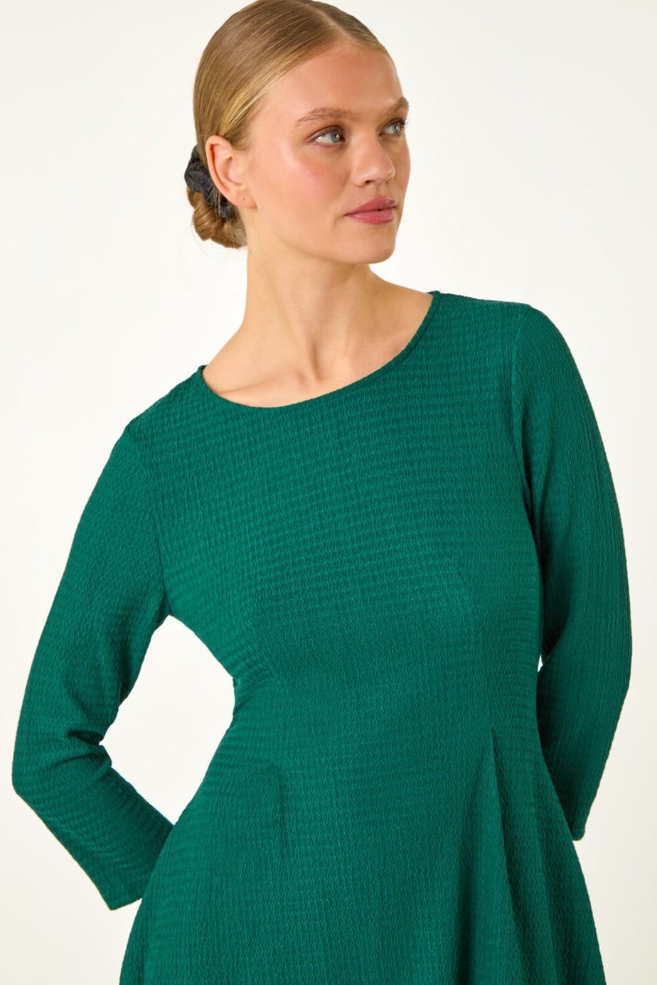 Roman Forest Green Asymmetric Textured Pleat Dress