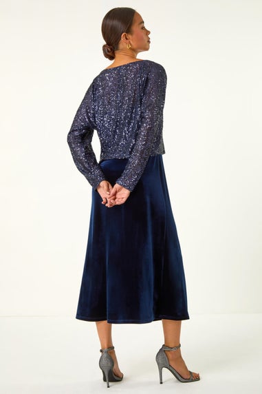 Roman Navy Petite Contrast Sequin Velvet Dress