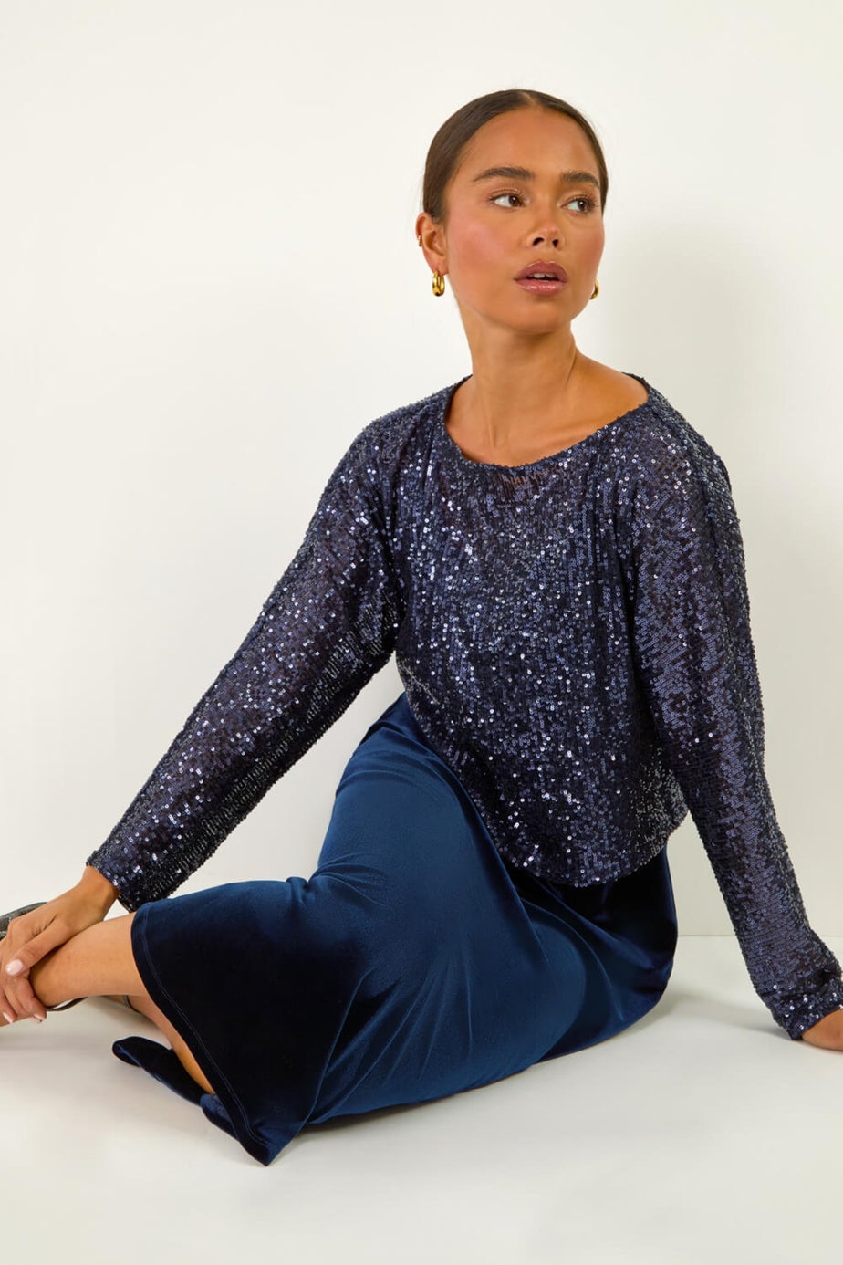 Roman Navy Petite Contrast Sequin Velvet Dress