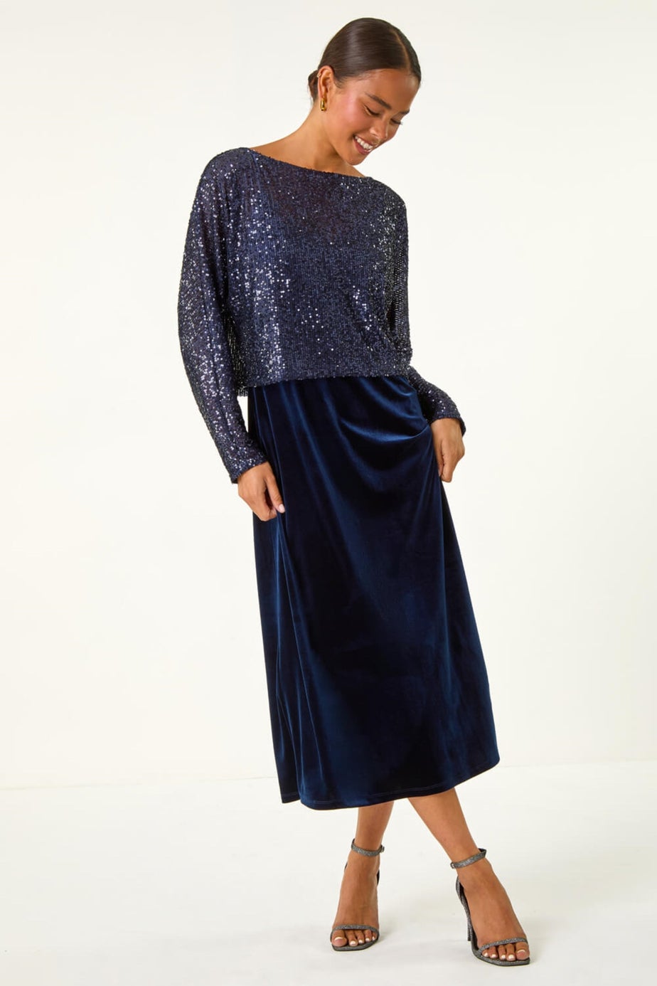 Roman Navy Petite Contrast Sequin Velvet Dress