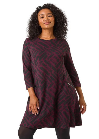Roman Purple Petite Zip Detail Abstract Dress