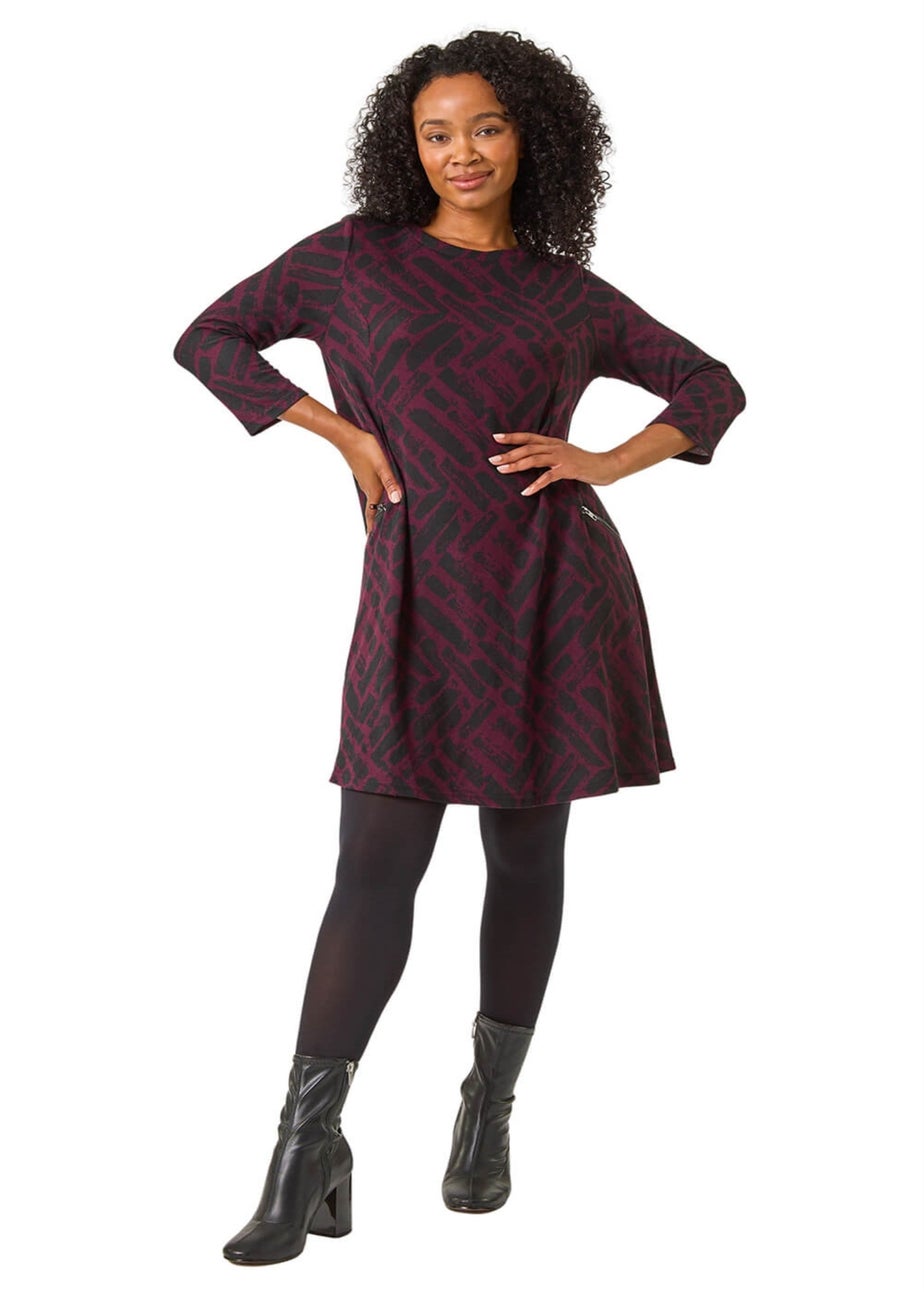 Roman Purple Petite Zip Detail Abstract Dress