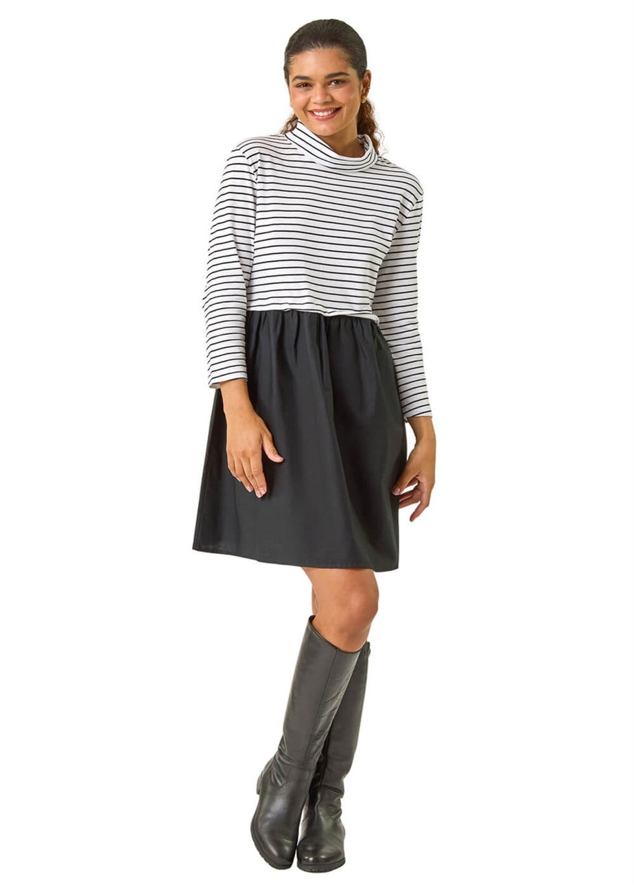 Roman Black Stripe Print High Neck Smock Dress