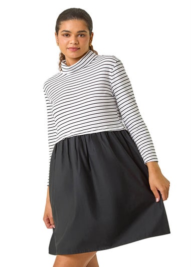 Roman Black Stripe Print High Neck Smock Dress